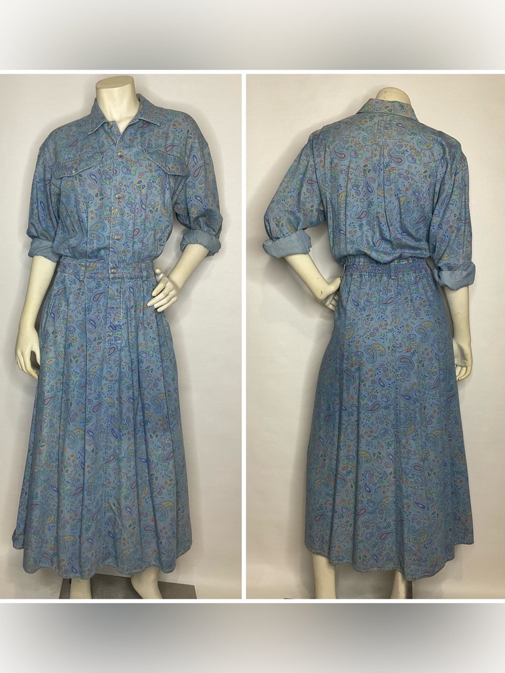 90’s Liz Claiborne Chambray Paisley Print Button Down Western Dress Size Medium
